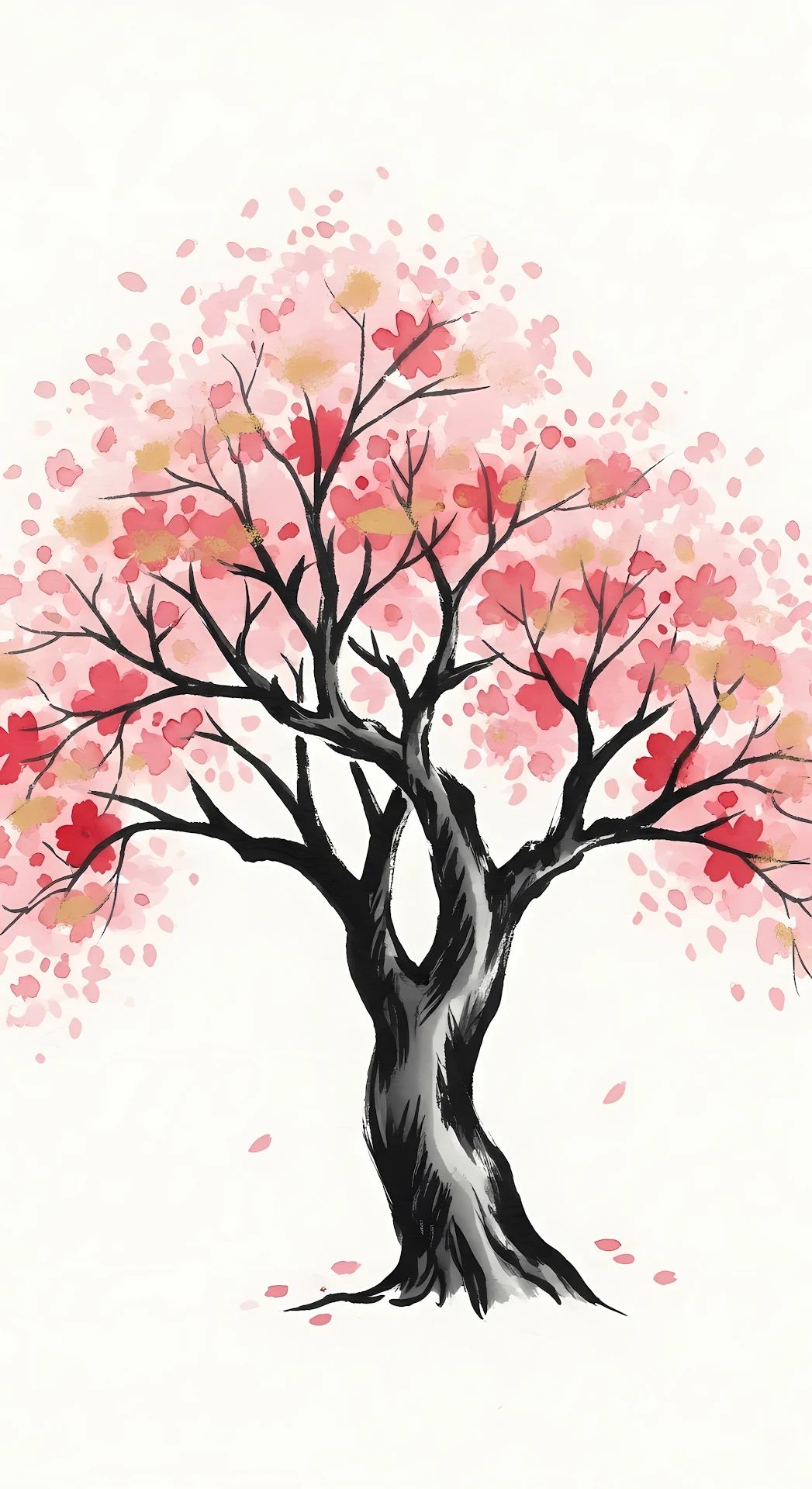 Japanese Cherry Blossom Tree Watercolor Ink Art - Free 4K mobile Wallpaper