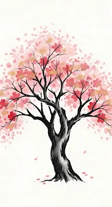 Japanese Cherry Blossom Tree Watercolor Ink Art