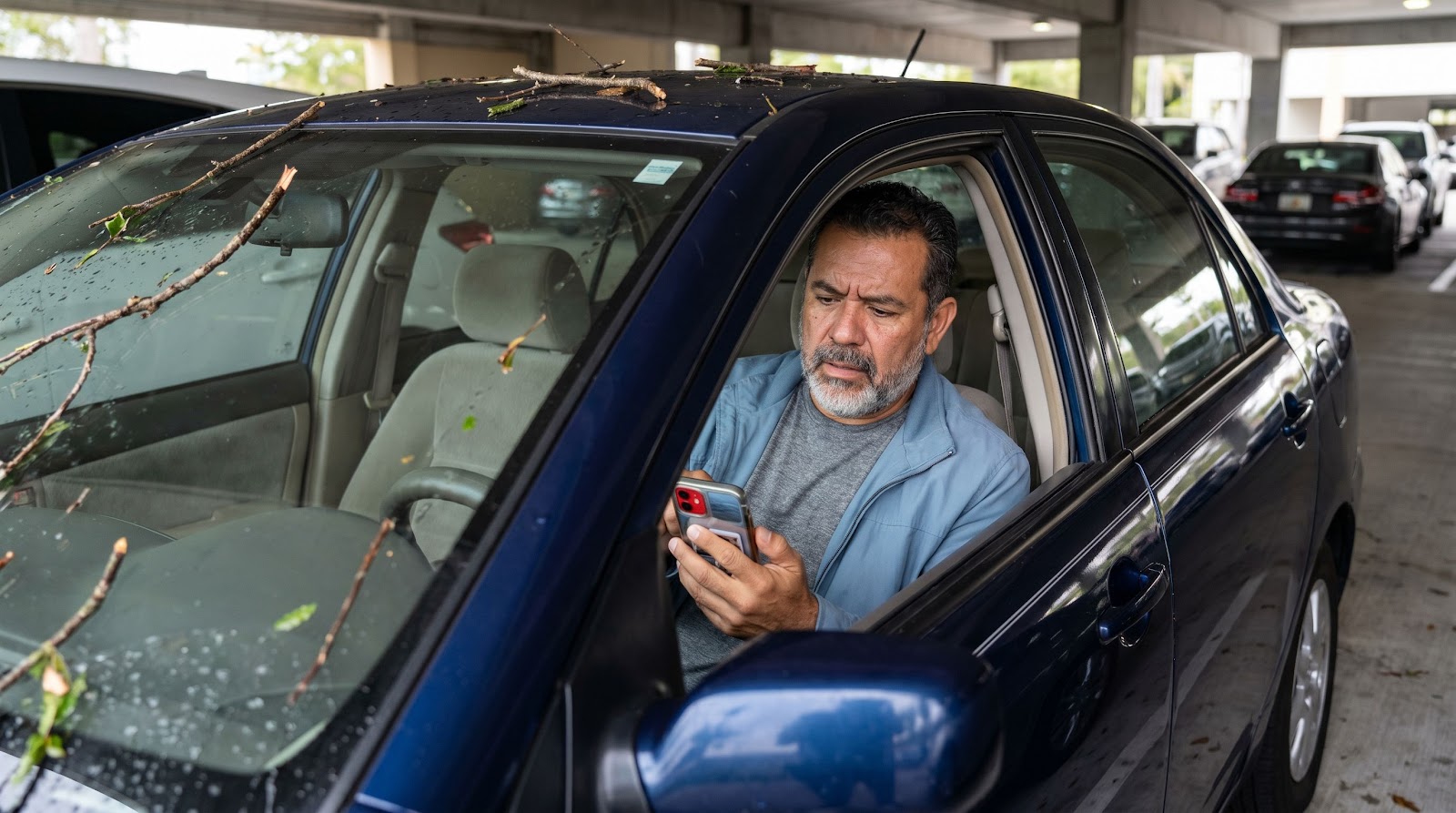 Driver reviewing a florida fallen tree car insurance claim on a phone after storm damage
