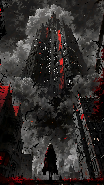 Gothic Skyscraper Cityscape Red and Black Vampire Art - Free mobile Wallpaper