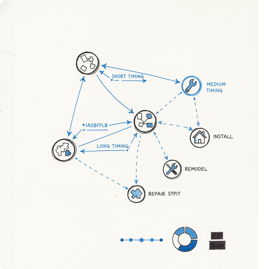 Close-up notebook sketch of a local service map with response-time arrows and repair/install/remodel icons in Agency Visible colors, illustrating Angi Pro cost