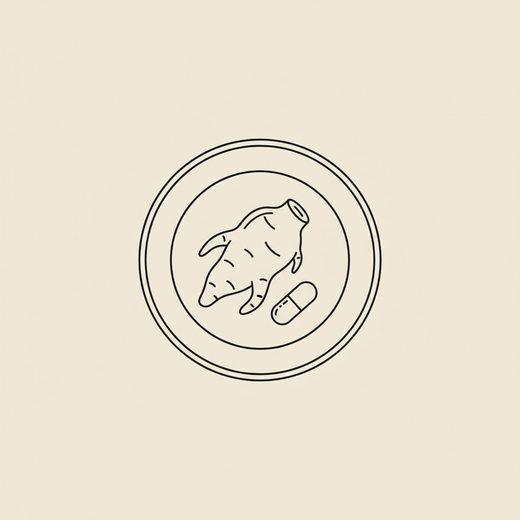 Minimalist line illustration of a plate with a konjac root and a capsule on beige background, illustrating glucomannan vs ozempic