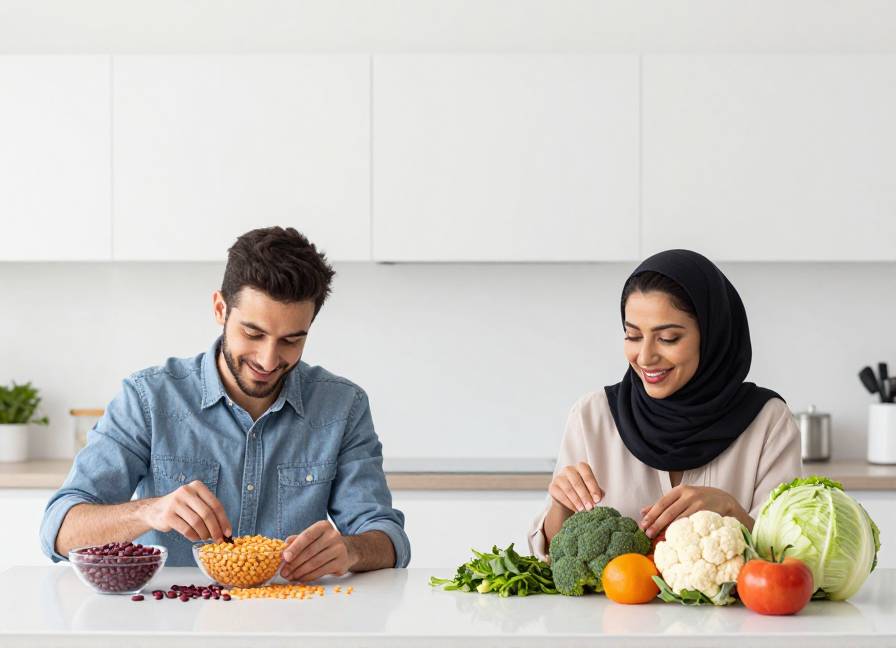 رجل وامرأة يبتسمان وهما ينظران إلى خضروات وبقوليات متنوعة على طاولة طعام