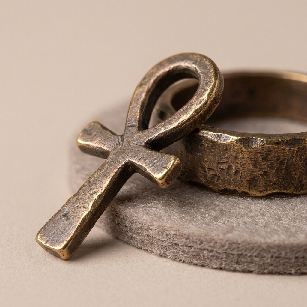 Macro view of looped ankh pendant and ring shoulder showing patina and tool marks ankh rings for women on warm beige background ede7da minimalist Aurora Antiqua style