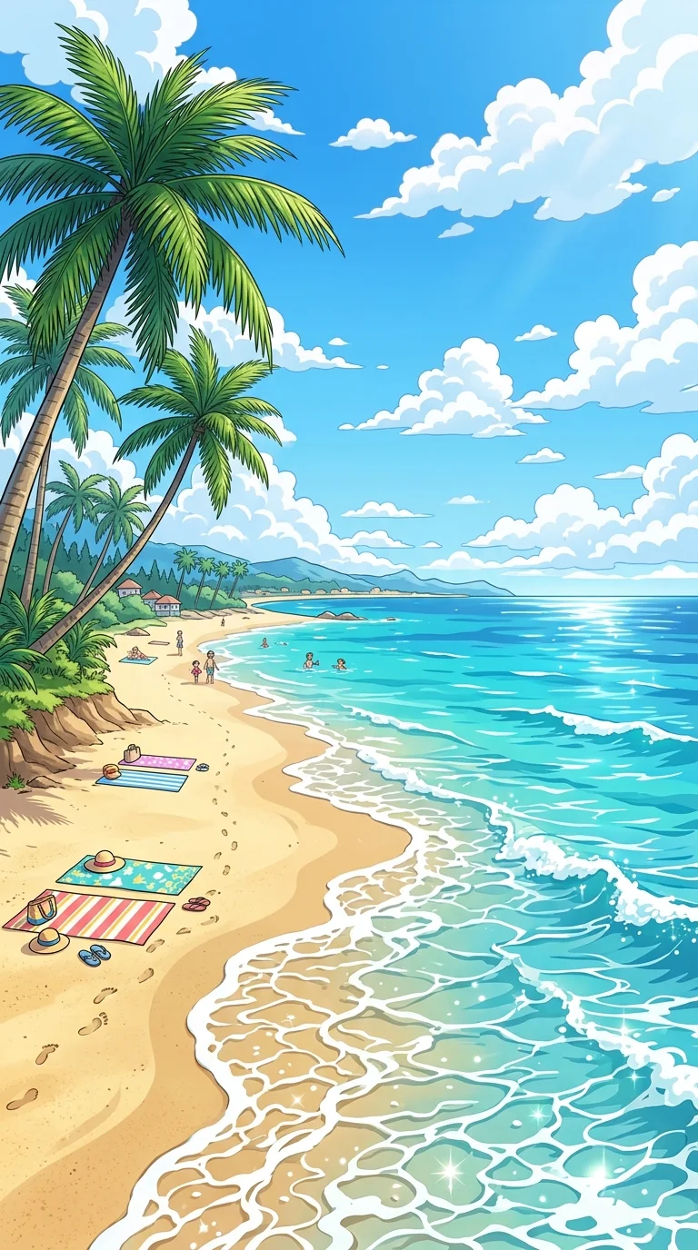 Vibrant Anime-Inspired Summer Beach Scene with Palm Trees - Free 4K mobile Wallpaper