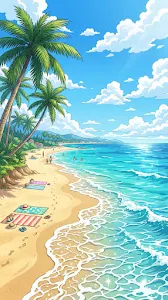 Vibrant Anime-Inspired Summer Beach Scene with Palm Trees