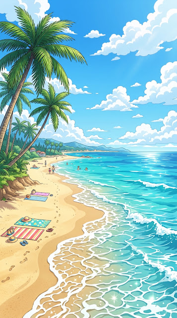 Vibrant Anime-Inspired Summer Beach Scene with Palm Trees - Free mobile Wallpaper