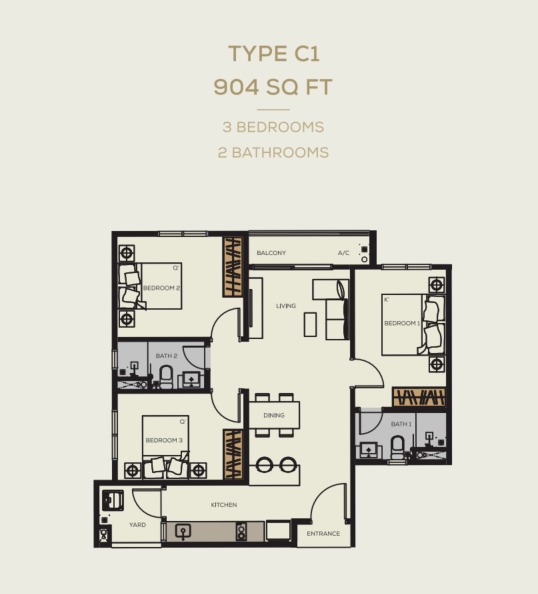 BambooHill Type B floor plan — 678 sq ft, 2 bedrooms