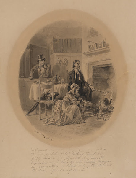 Scene from The Pickwick Club man and woman working at fireplace