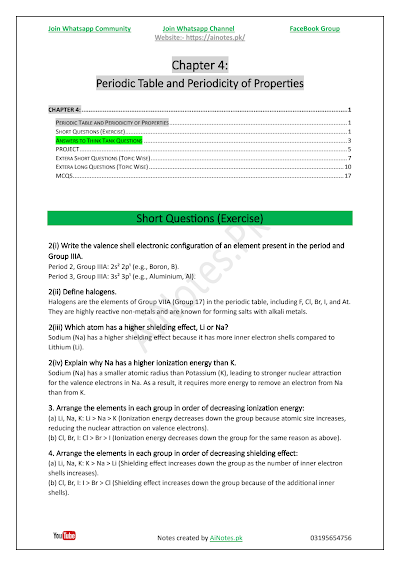 FBISE Class 9 Chapter 4 Periodic Table and Periodicity of Properties