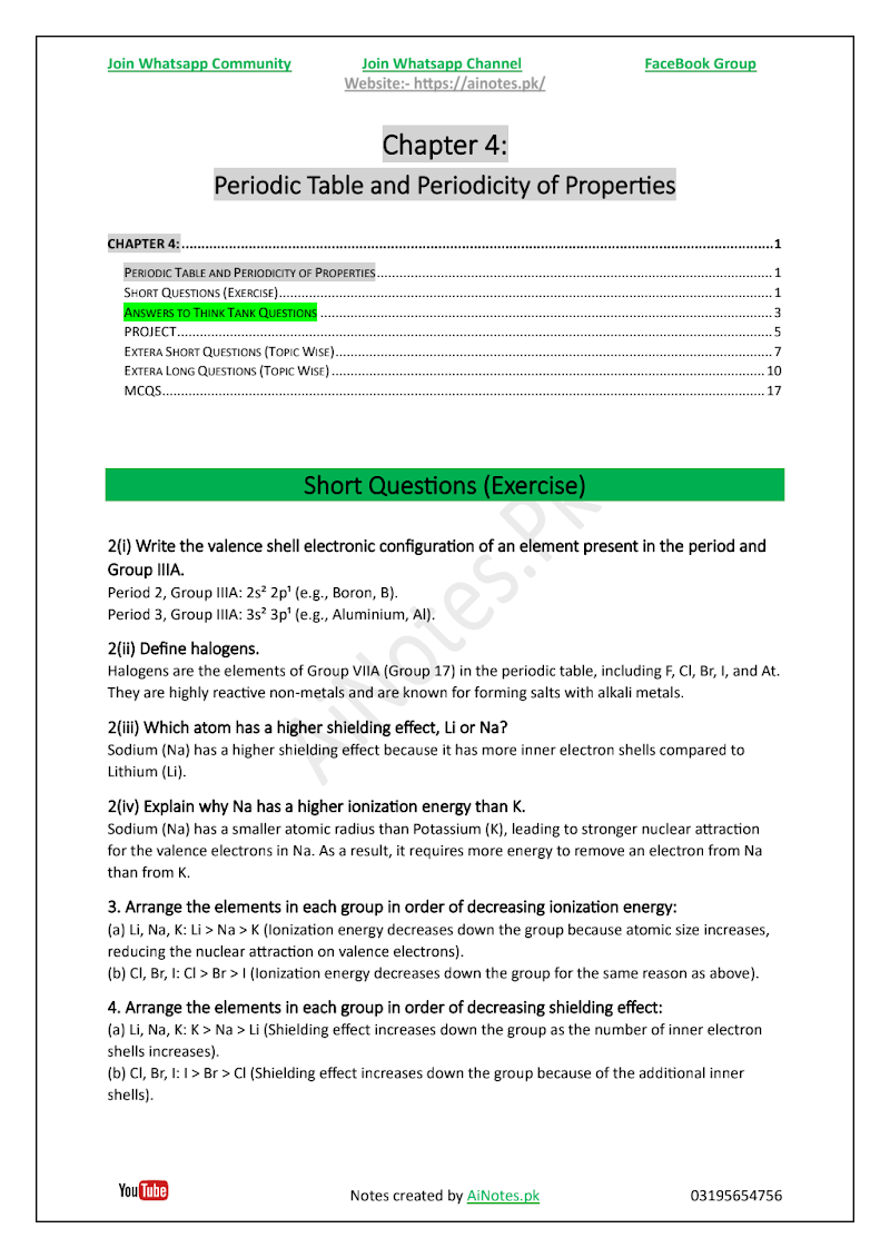 FBISE Class 9 Chapter 4 Periodic Table and Periodicity of Properties