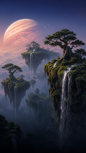 Fantasy Floating Mossy Islands with Waterfalls Wallpaper