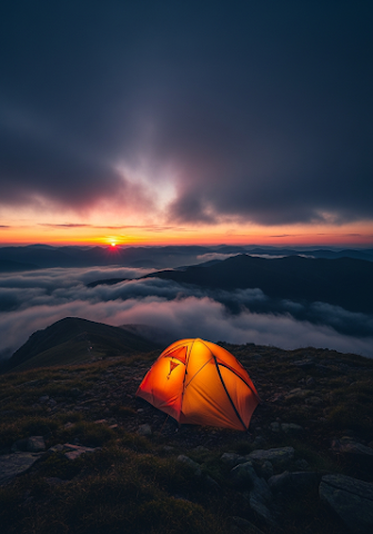 Sunrise Camping Tent in Mountains