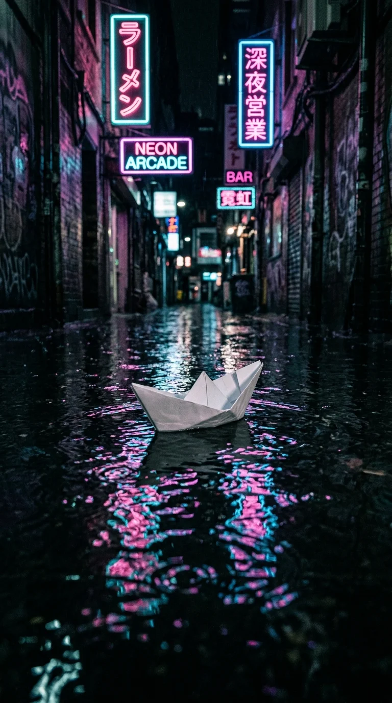 Child's Paper Boat in Flooded Neon Alley After Rain - Free 4K mobile Wallpaper