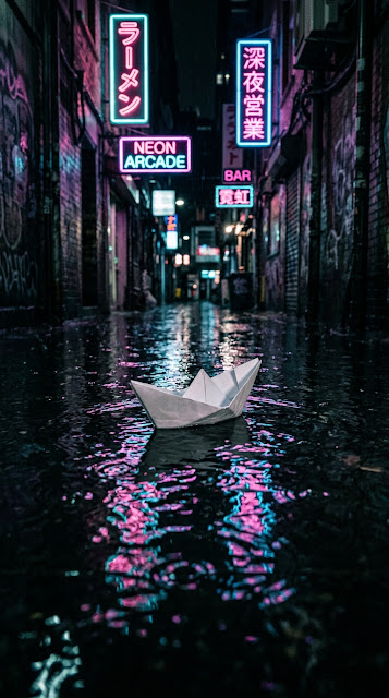 Child's Paper Boat in Flooded Neon Alley After Rain - Free mobile Wallpaper