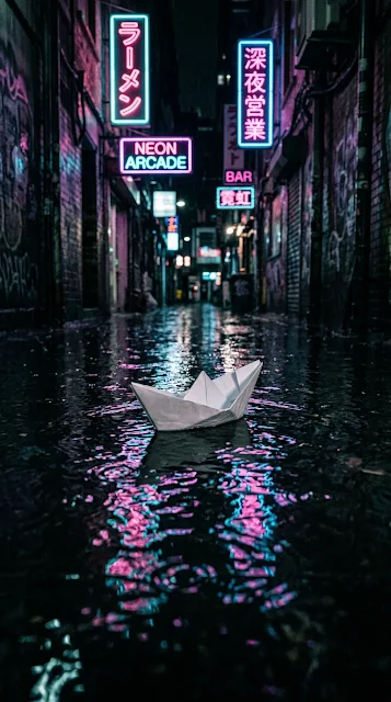 Child's Paper Boat in Flooded Neon Alley After Rain