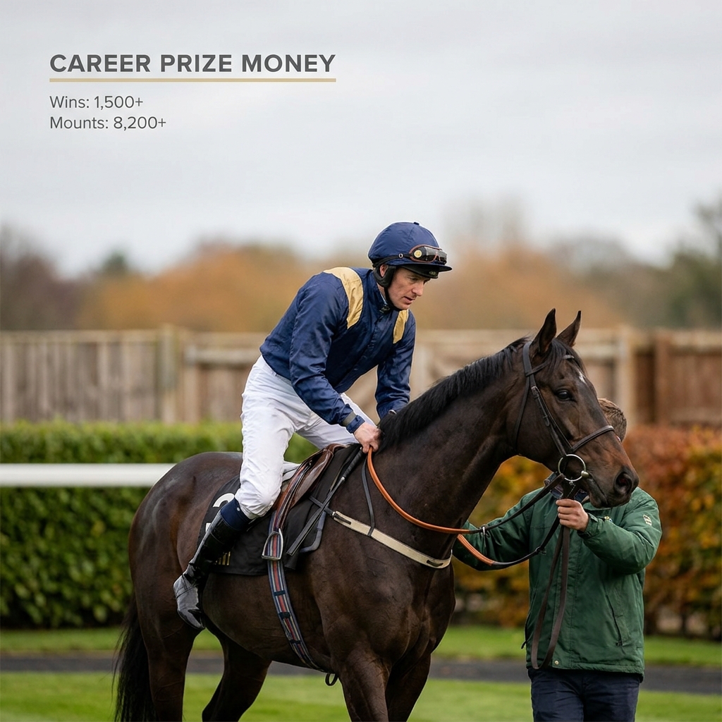 Portrait of a top jockey mounting a thoroughbred in the paddock with groom present minimal Funded Plays style clean background and subtle Career prize money overlay betamerica horse racing
