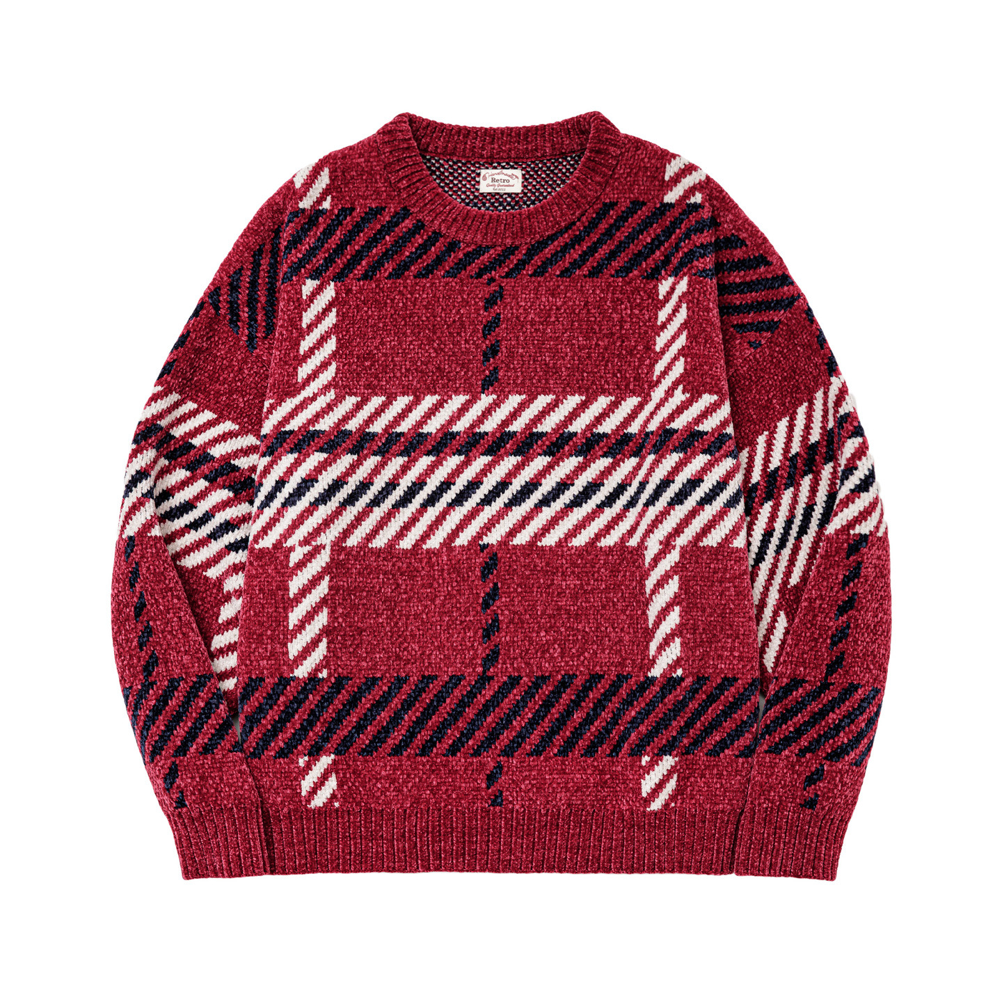 Women's Knit Sweater, Chenille, Checked, Loose