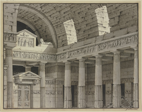 Dorische Säulenhalle mit Rundbogengewölbe und einem Portal mit einer Sphinx ca 1