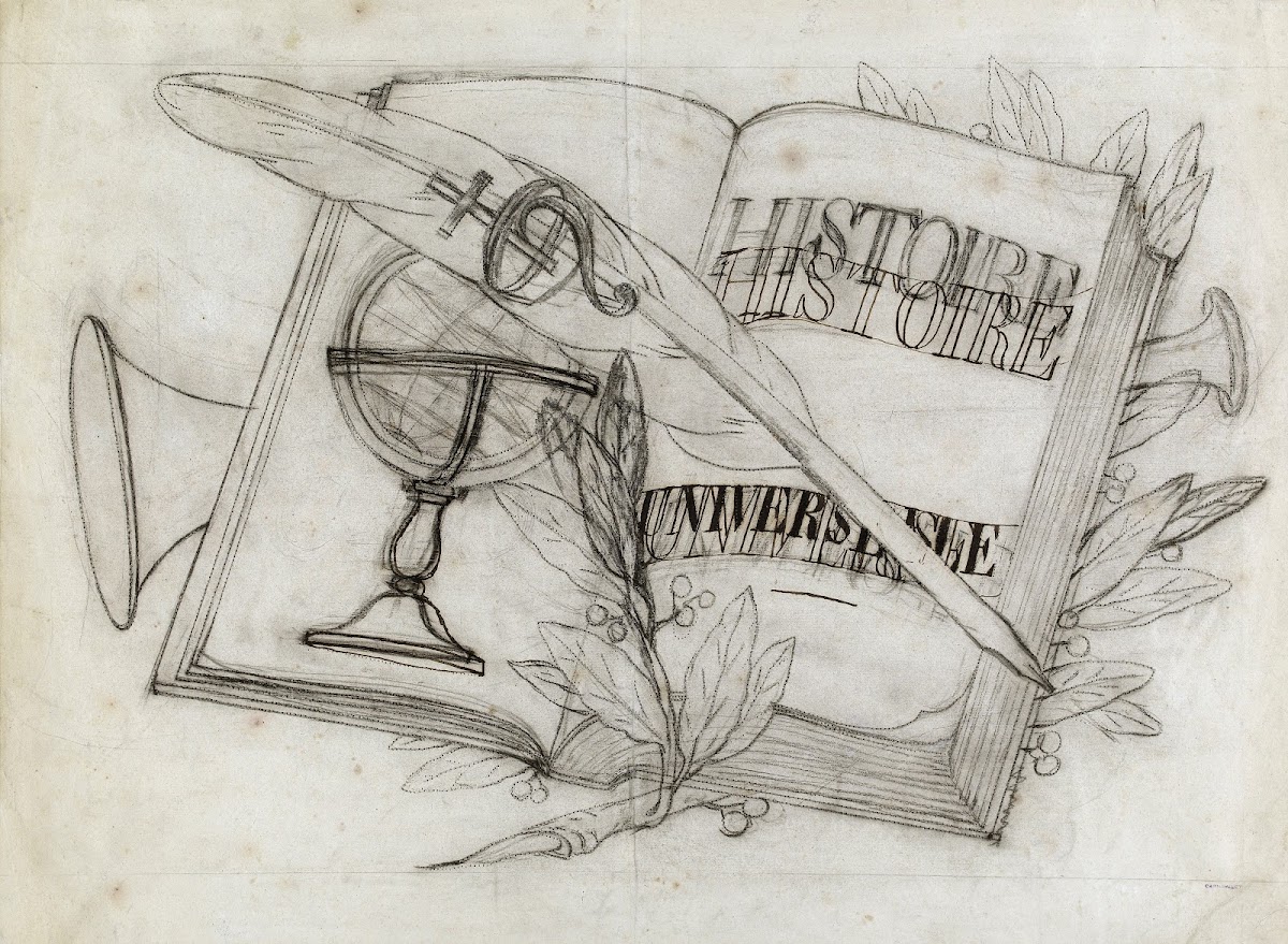 Composition comprenant un volume de lHistoire Universelle dessin piqué pour le r