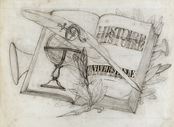 Composition comprenant un volume de lHistoire Universelle dessin piqué pour le r
