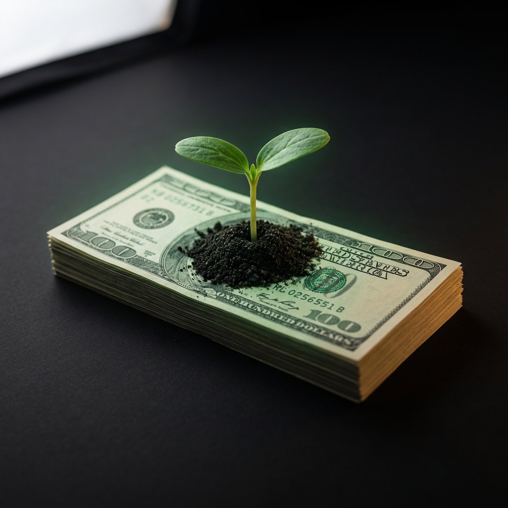 Photorealistic seedling growing from a stack of dollar bills on dark background illustrating how to turn $1000 into $10000 with a subtle green accent glow