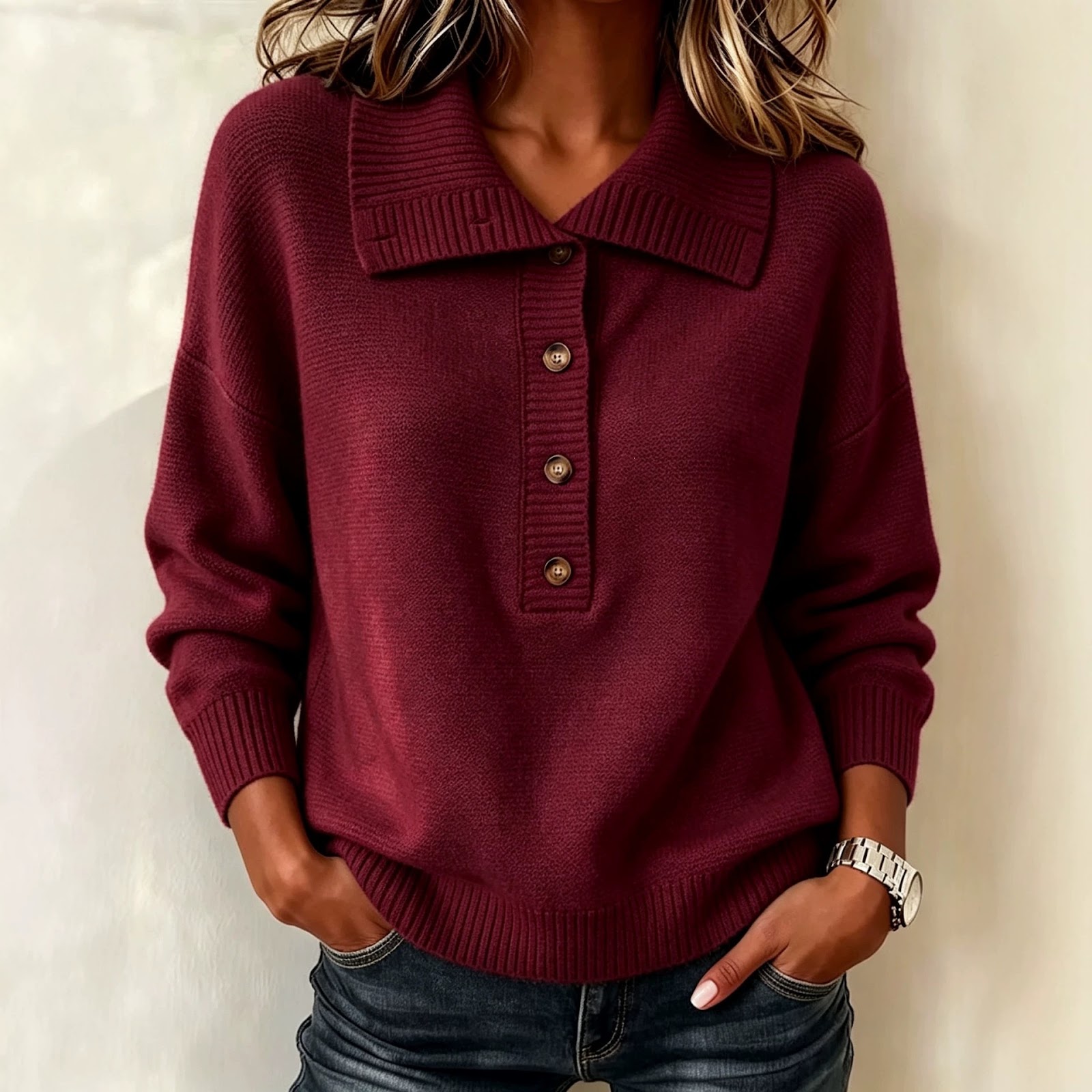 Women's knit sweater with button placket and stand-up collar