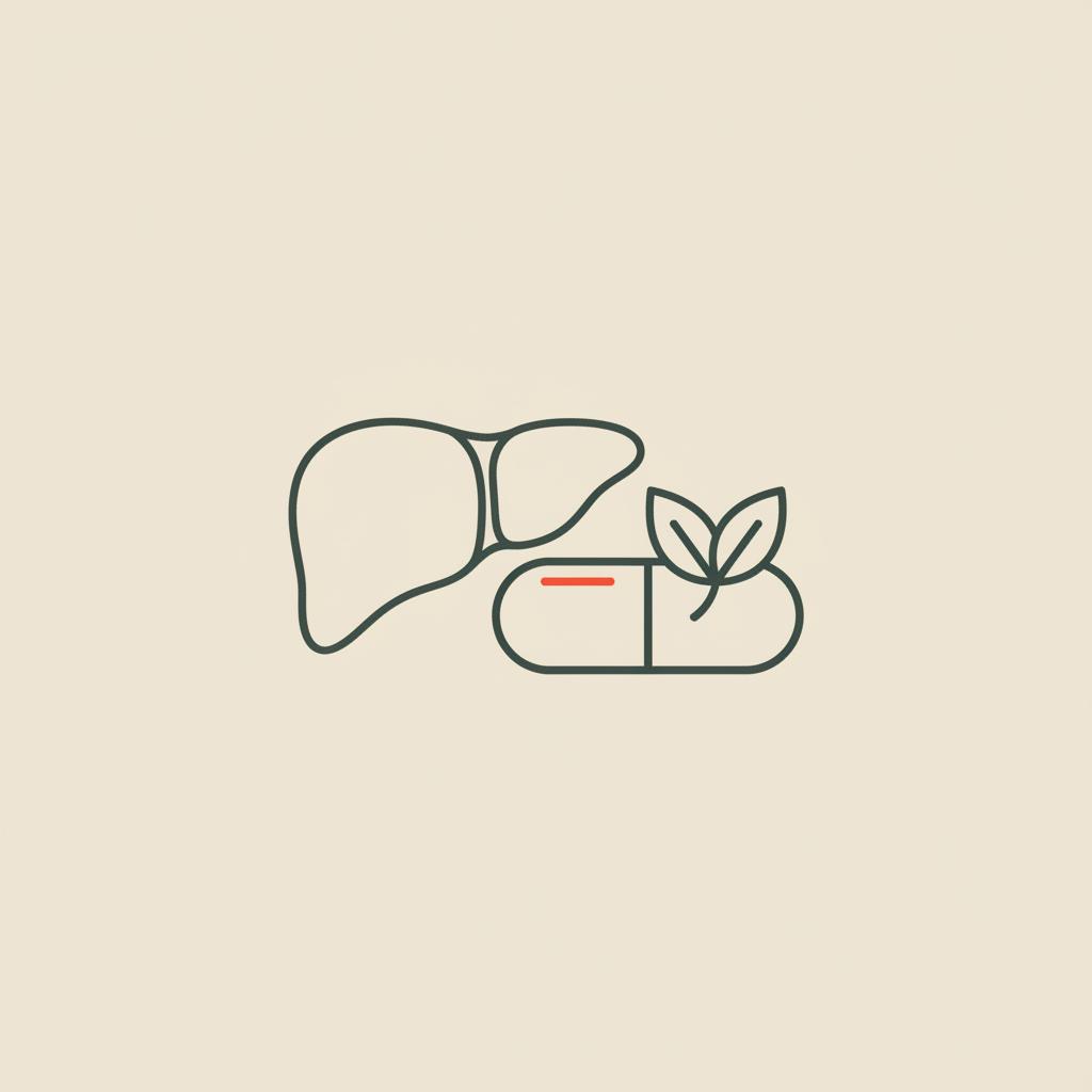 Minimalist 2D vector line illustration of a liver outline with a capsule and small leaf on beige background, visually representing semaglutide for fatty liver
