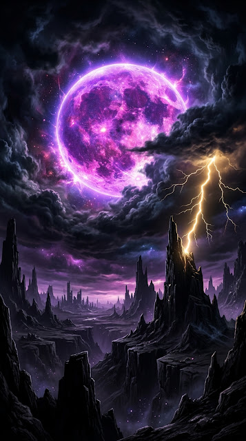 Futuristic Apocalyptic Landscape with Purple Celestial Orb and Lightning - Free mobile Wallpaper