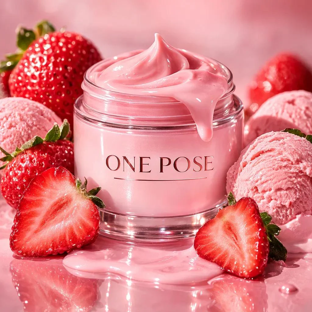 Fotografía ultrarrealista de un producto de cuidado de la piel de lujo que muestra un frasco de cosméticos de vidrio con la etiqueta "ONE POSE" colocada en...