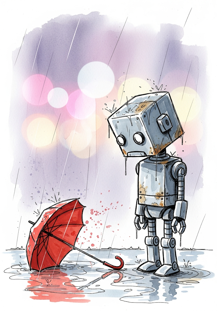 Sad Robot in the Rain