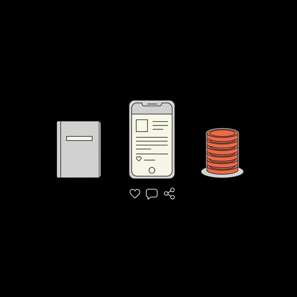 Flat 2D vector infographic of a notebook, smartphone showing an Instagram-style post, and stacked coins in Social Success Hub palette — How many followers on Instagram to get money?