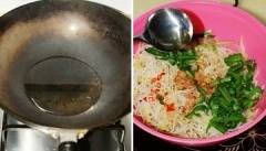 Đun sôi dầu ăn rồi dưới dầu nóng vào gỏi giá đỗ và trộn đều lại lần nữa.