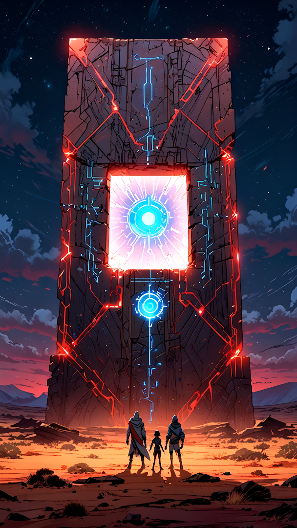 Three Figures Before Glowing Sci-Fi Monolith at Dusk