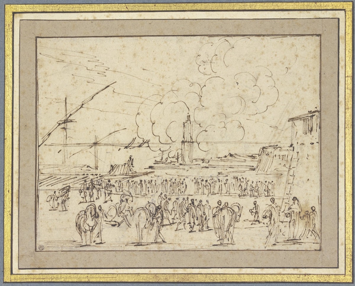 Seehafen mit einer Galeere viele Figuren am Ufer