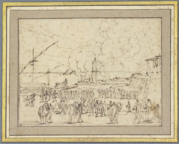Seehafen mit einer Galeere viele Figuren am Ufer