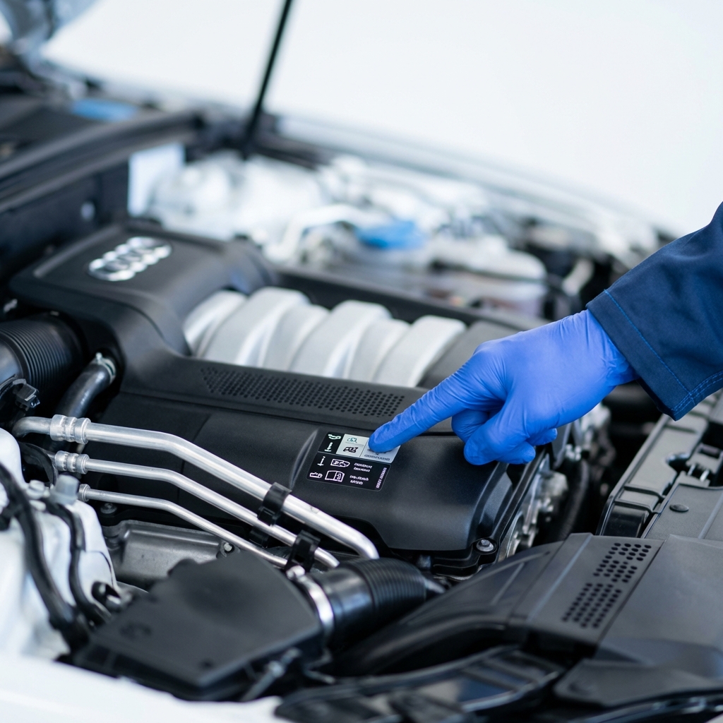 Close up of Audi A4 engine bay with clean components and a mechanic hand pointing to maintenance stickers shallow depth of field audi a4 for sale