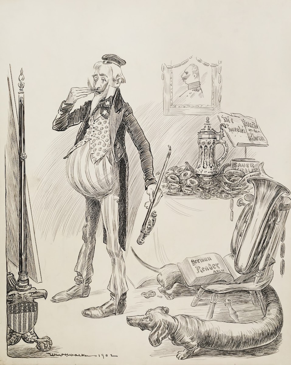Uncle Sam depicted as the Kaiser hat style mustache style and pipe with German i
