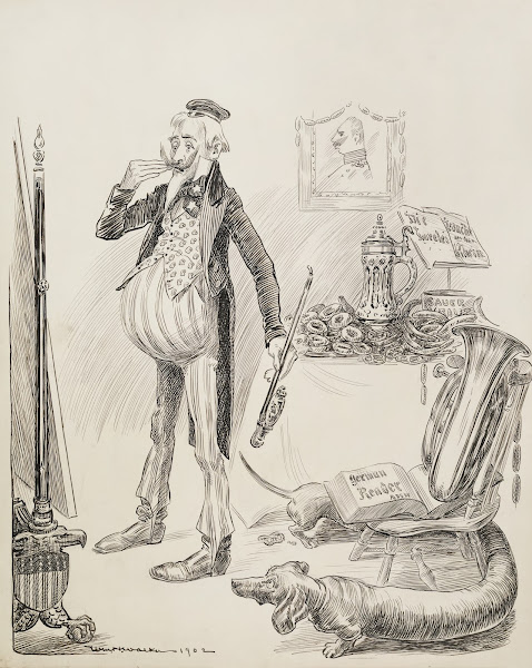 Uncle Sam depicted as the Kaiser hat style mustache style and pipe with German i