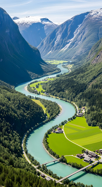 Serpentine River Valley in Norway with Snow Capped Mountains - Free mobile Wallpaper