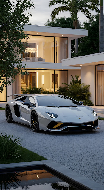 Lamborghini Aventador Parked at Luxury Modern Villa - Free mobile Wallpaper