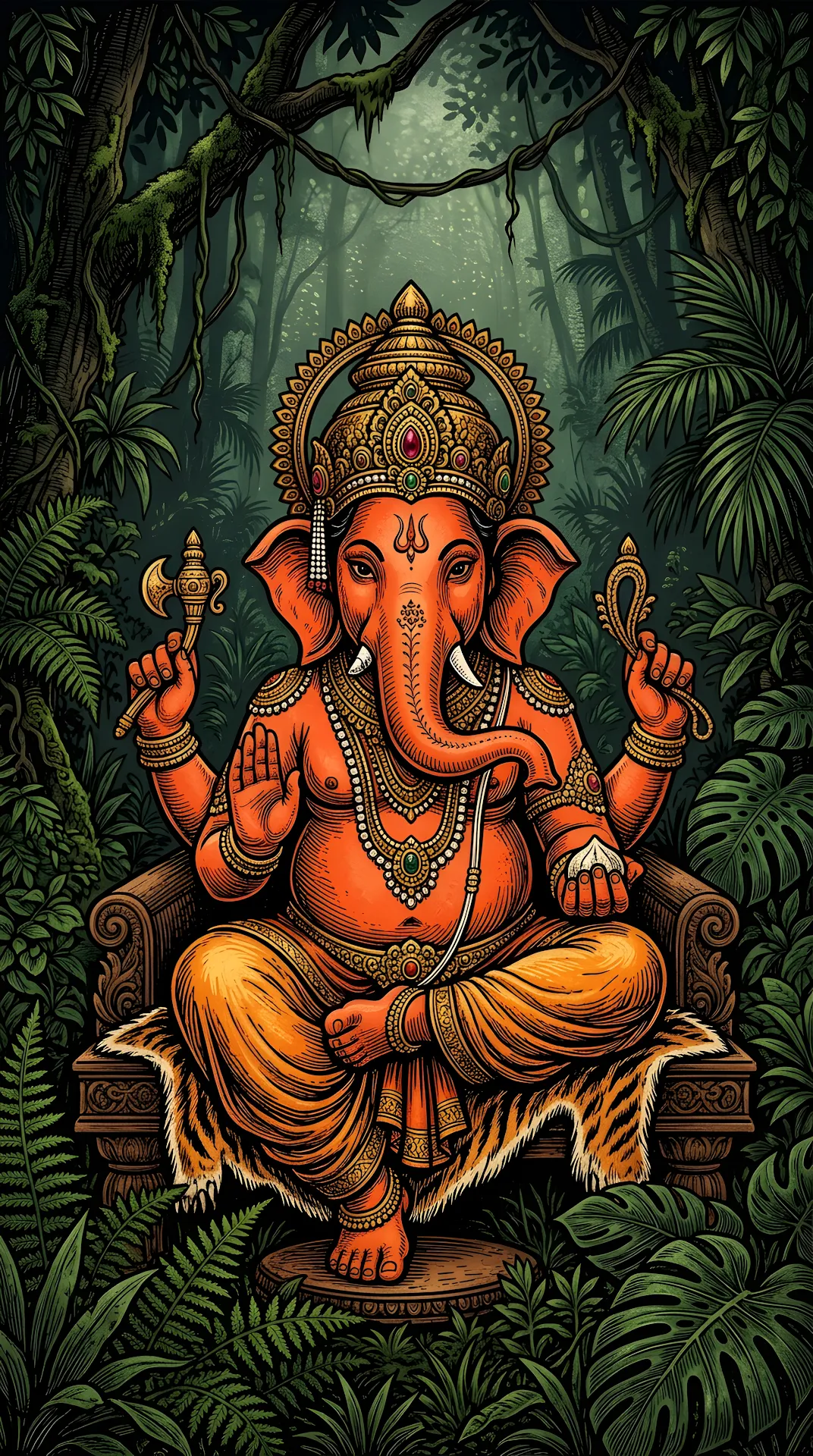 Detailed Woodcut Style Illustration of Hindu Deity Ganesha - Free 4K mobile Wallpaper