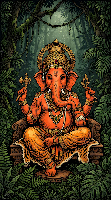Detailed Woodcut Style Illustration of Hindu Deity Ganesha - Free mobile Wallpaper