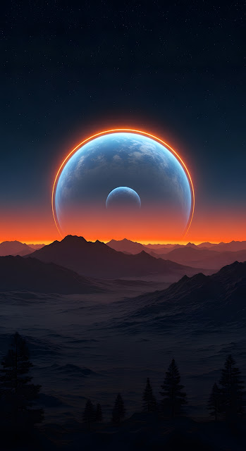 Alien Planetscape with Ringed Earth-like World - Free mobile Wallpaper