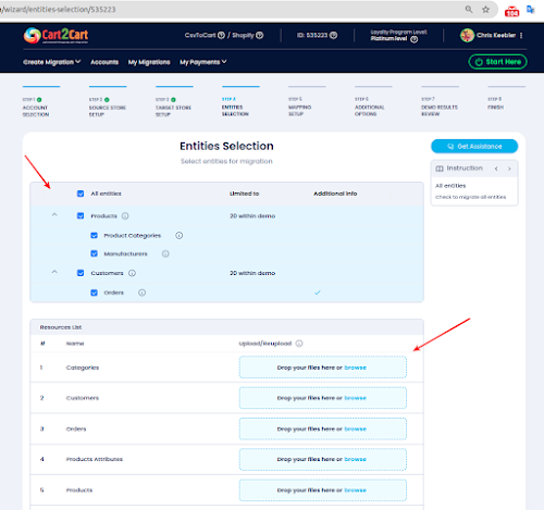 Screenshot of the 'Entities Selection' page, highlighting the 'Resources List' section where users can upload files for various entities like Categories, Customers, Orders, Products Attributes, and Products, using 'Drop your files here or browse' buttons.