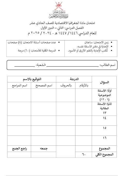 تجميع امتحانات نهائية 2024-2025 - جغرافيا الصف 11 الفصل 2