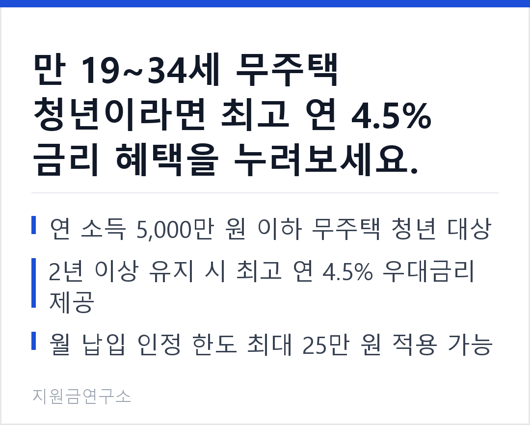 만 19~34세 무주택 청년이라면 최고 연 4.5% 금리 혜택을 누려보세요. 연 소득 5,000만 원 이하 무주택 청년 대상 2년 이상 유지 시 최고 연 4.5% 우대금리 제공