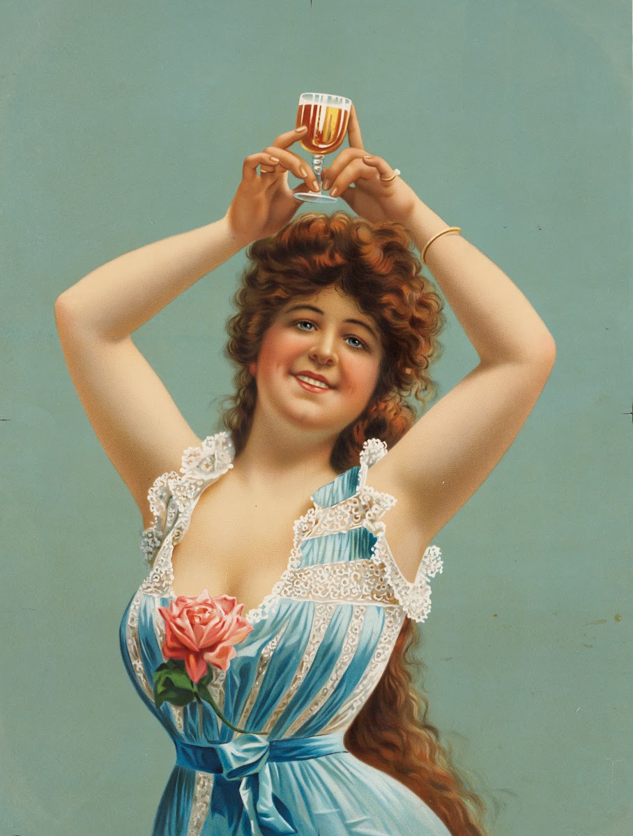 Woman holding glass of beer over her head 1907