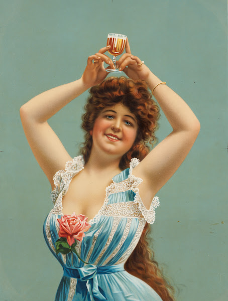 Woman holding glass of beer over her head 1907