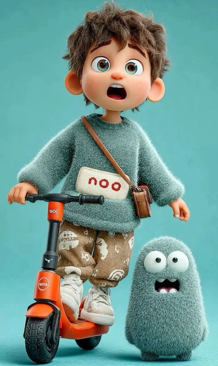 Personaje infantil animado en 3D al estilo Pixar, un niño pequeño y adorable con cabello castaño despeinado y grandes ojos azules expresivos,...